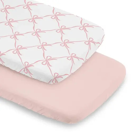 Sweet Jojo Designs 2-Piece Baby Bassinet Sheets Set (Pink Bows) for Girls, Infant Nursery, Toddler Room - Oval Rectangle Hourglass Mattress (Solid Blush & White Bow for Ballerina, Ballet Collection)