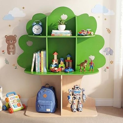 Olakids Tree Bookshelf for Kids, 3-Tier Montessori Bookcase, Space-Saving Freestanding Storage Organizer for Books Toys, Wooden Book Shelf for Toddlers 3+ Years