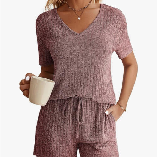 Ekouaer Womens Ribbed Knit Lounge Set Short Sleeve Top and Shorts Sleepwear Pajama Set Two Piece Shorts Outfits Set