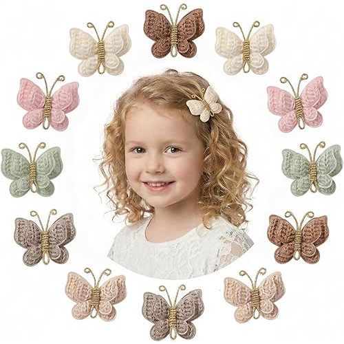 12 Pcs Butterfly Hair Bow Girl, Beige Kid's Cute Hair Clips Barrettes Accessories for Infants Toddlers Baby Kids Fine Hair