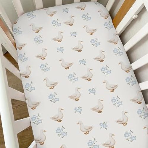Farm Duck Blue Floral Baby Crib Sheets for Boys Girls Vintage Ducks Boho Flowers Soft Stretchy Fitted Crib Mattress Covers for 52''x28'' Standard Crib and Toddler Mattress Farmyard Animals Bed Sheets