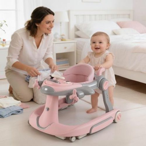 TODECARE 6-in-1 Baby Walker with Adjustable Height, Foldable Design & Speed-Control Wheels, Easy-Clean Seat, Pink&Gray