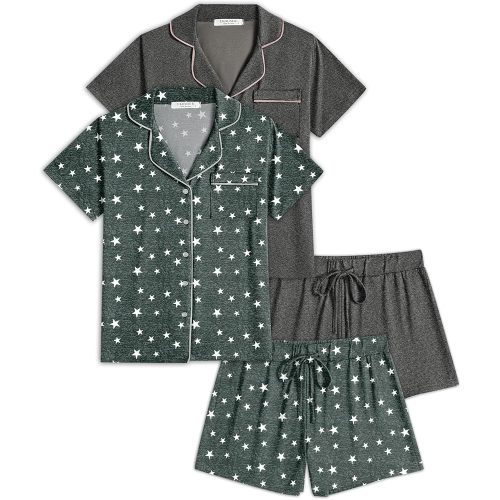 Ekouaer 2 Pack Womens Pajamas Set Button Down Summer Sleepwear Short Sleeve Comfy Pjs Loungewear Set