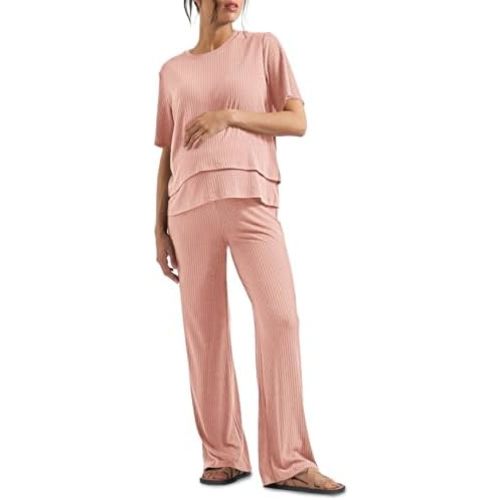 Tankaneo Womens Postpartum Maternity Pajamas 2 Piece Sets Rib Short Sleeve Nursing Tops and Elastic Waist Pants Loungewear