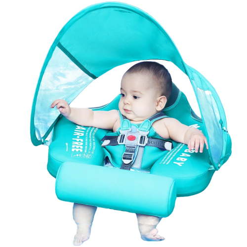 Mambobaby Non-Inflatable Baby Pool Float with Tail and Canopy UPF 50+ Sun Protection No Flip Over Infant Swim Float Skin-Friendly Mambo Float Swim Trainer Solid Baby Swimming Ring Foldable Style