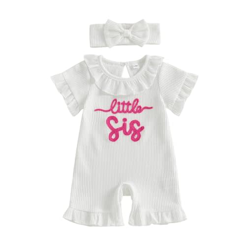 allshope Newborn Baby Girl Summer Outfit Romper Little Sister Lil Sis Embroidery Ruffle Collar Jumpsuit Infant Waffle Clothes