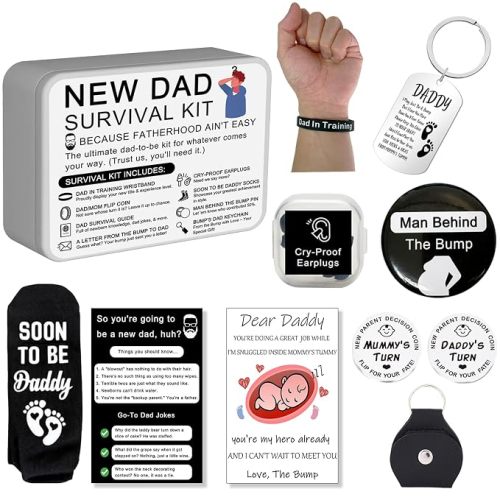 Funny New Dad Gift Set – 8-Piece First-Time Dad Kit for Baby Shower & Gender Reveal – Includes Socks, Decision Coin, Keychain, Guide Card, Wristband & More – Unique Gift for Expecting Fathers!