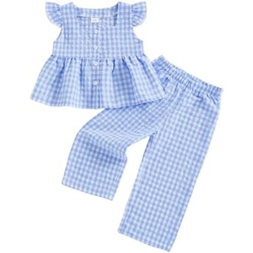 FOCUSNORM Toddler Baby Girl Clothes Flying Sleeve Plaid Button Up Tops Pants Sets Infant Cute Baby Girl Summer Outfits