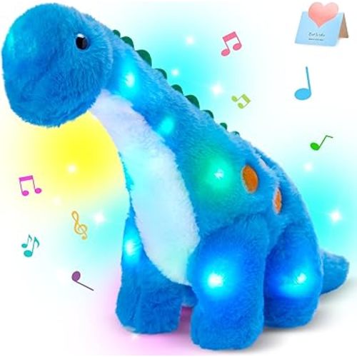 Houwsbaby 14" Blue Musical LED Dinosaur Stuffed Animal Floppy Diplodocus Plush Toy Singing Light Up Adorable Long Neck Lullaby Animated Soothe Baby Birthday Christmas Halloween for Kids Boy Toddlers