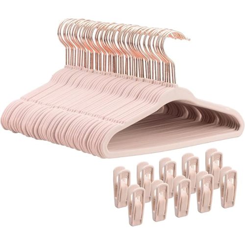 14 Inch Velvet Kids Hangers - 50 Pack Durable & Non-Slip Closet Organizers for Big Kids & School-Age Children, 0.2" Ultra Slim Space-Saving Design with 10 Clips Hanger - Pink
