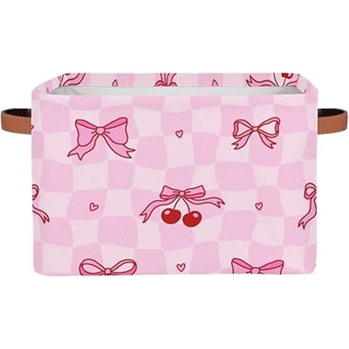 Pink Bow Storage Basket Collapsible Toy Storage Bins Waterproof Canvas Storage Basket with Leather Handles for Home Closets Offices,Bedrooms,Toy and Gift Baskets,1PCS