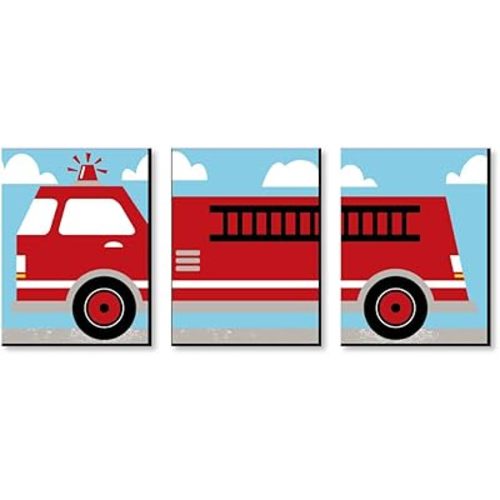 Big Dot of Happiness Fired Up Fire Truck - Firefighter Firetruck Nursery Wall Art and Kids Room Decorations - Gift Ideas - 7.5 x 10 inches - Set of 3 Prints