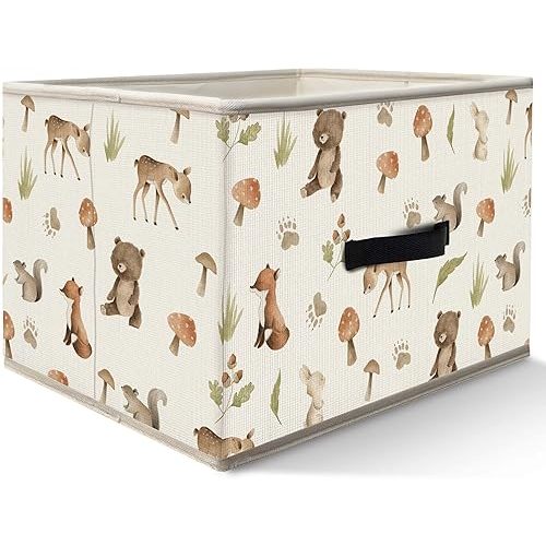 Nogrit Woodland Nursery Storage Bins Box, Toybox for Boys Girls, Forest Animal Mushroom Foldable Baskets Organizer Container with Handles for Bedroom Bathroom Kids Nursery Clothes Toys Books