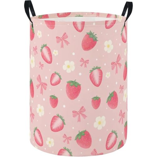 HIYAGON Baby Laundry Hamper Basket Baby Hamper for Nursery Boy and Girl Cute Kids Toys Storage Bin Organizer Boho Room Decor(Strawberry)