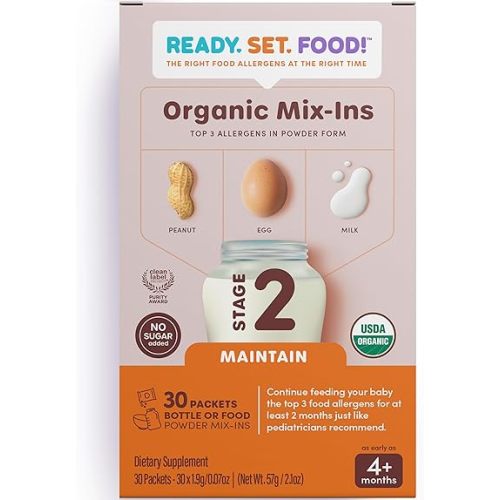 Stage 2 Mix-ins – Safe & Easy Early Allergen Introduction for Babies 4+ Months, Mix with a Bottle or Baby Food, With 3 Top Allergens: Organic Peanuts, Milk & Eggs By Ready Set Food! (30 Days)