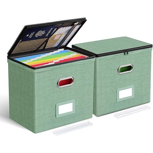 Oterri 2 Pack File Organizer Boxes with Lids, File Box with Mesh Pockets, Document Organizer Box for File Folders Letter Size, Zippers Filing Box for Home, Office, School (Green, Without Folders)
