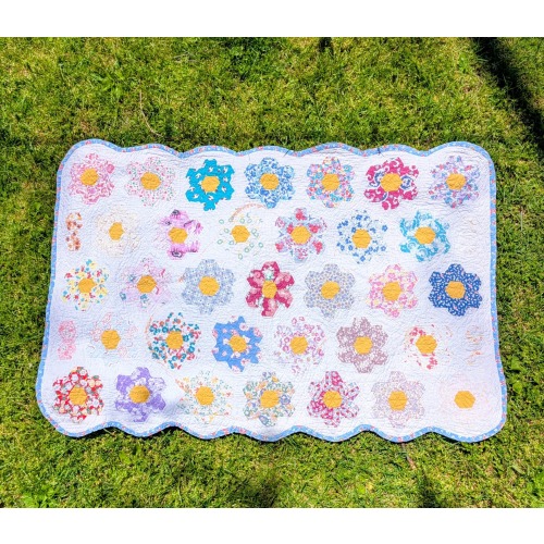 Antique feedsack grandmother's flower garden crib quilt