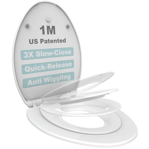 1M Family Toilet Seat, Patented Slow Close & Quick Releasing Technology, Anti-Wiggling, Easy to Install and Clean, Standard Elongated with Toddler Seat Built In (1 Piece)