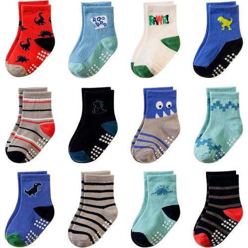 Toddler Non Slip Grips Socks Kids Anti Skid Baby Boys Girls Cotton Crew Socks 12 Pairs