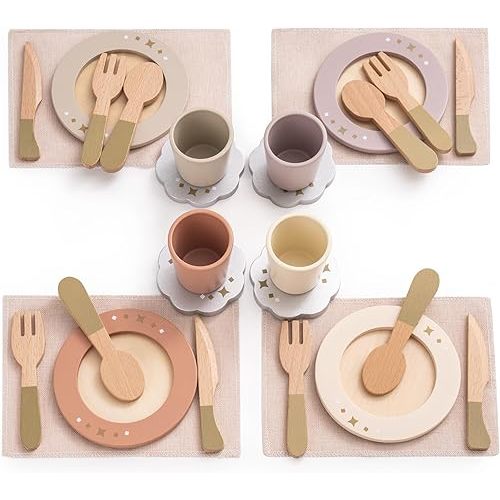 ROBUD 4-Set Wooden Play Dishes Set - Montessori-Inspired Play Food Accessories for Kids, Pretend Play Kitchen Set for Toddlers, Role Play Gift for Boys and Girls