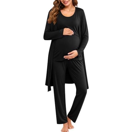 SWOMOG Maternity Nursing Robe Set 3 PCS Women Postpartum Pajamas Breastfeeding Labor Delivery Hospital Pregnancy Pjs