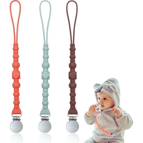 Silicone Pacifier Clips for Binky with One Piece Bead Design,3 Pack Baby Soothing Pacifier Holder for Boys and Girls,Soft and Stretchable with Texture,Suitable for Newborns