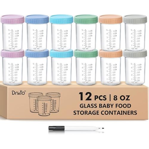 DRKIO 12 Pack Glass Baby Food Storage Containers - 4 Oz Baby Food Jars with Lids Baby Food Maker Microwave Dishwasher Freezer Safe 100% Leak Proof BPA Free Reusable