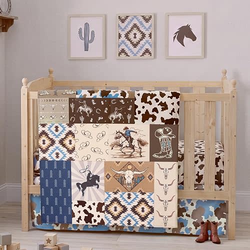 Peryiter 3 Pcs Blue Western Cowboy Crib Sheet Set Baby Crib Bedding Set Includes 52"x28" Fitted Sheet, Quilt, Bed Skirt for Newborn Boy Girl Nursery Cute Newborn Sheets Decor