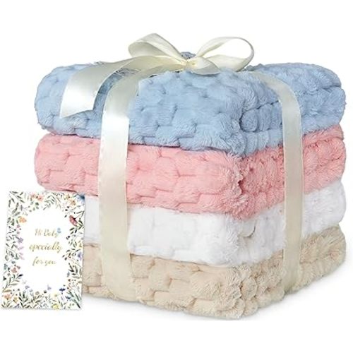 HOMRITAR 4 Pcs Baby Fuzzy Blanket 3D Jacquard Fluffy Blankets for Boy Girls, Soft Warm Cozy Flannel Fleece Warm Blanket Nursery, Stroller Toddler Bedding, 30 x 40 Inch (Blue, Cream, Pink, Khaki)