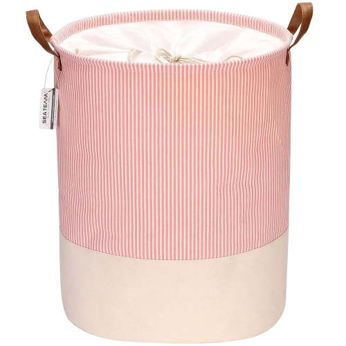 Sea Team Stripe Pattern Laundry Hamper Canvas Fabric Laundry Basket Collapsible Storage Bin with PU Leather Handles and Drawstring Closure, 19.7 by 15.7 inches, Waterproof Inner, Pink