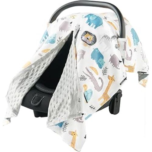 Baby Car Seat Cover - Car seat Covers for Boy Girl, Opening Peek a Boo Minky Infant Car Seat Covers for Winter, Warm Cozy Baby Nursing Cover with Windproof Design - Animal World