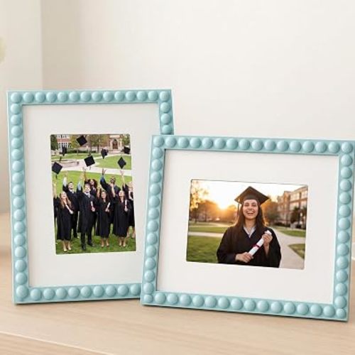 Qunclay 8 x 10 Wooden Beaded Picture Frame Set of 2 Boho Photo Frame with Mat for 5 x 7 Blue Boho Farmhouse Vintage Rustic Wall and Tabletop Display for Decorative Birthday Wedding Friend Gift