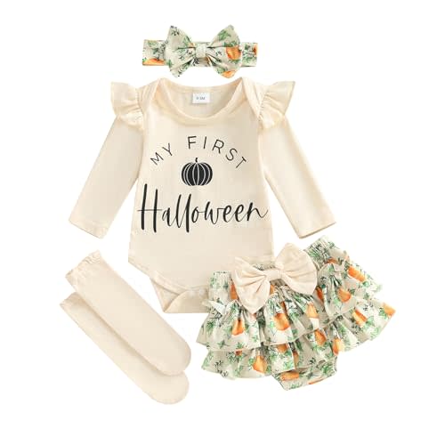 SAYOO My First Halloween Baby Girl Outfit Newborn Pumpkin Boo Print Bodysuit Romper Layered Skirt Shorts Photo Shoot Clothes