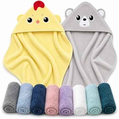 Cute Castle 2 Pack Hooded Baby Towel Rayon Made from Bamboo with 8 Washcloths - Soft Bath Towel for Bathtub for Babie, Newborn, Infant, Natural Baby Stuff Towel (Chicken and Bear)