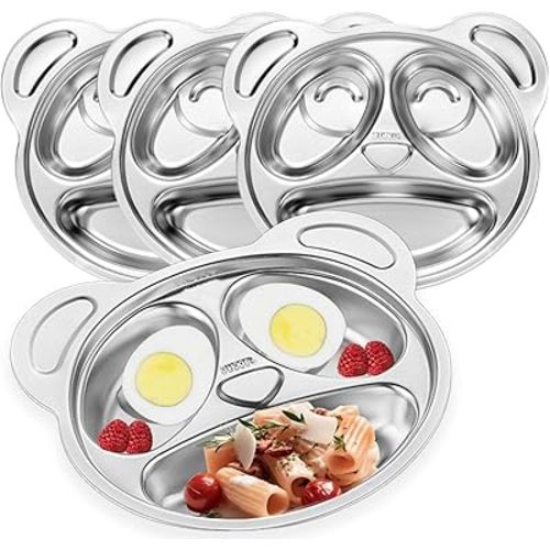 4 Pack 304 Stainless Steel Divided Plates Tray, 3 Compartment Divided Dinner Plate, Panda Shape Plates Portion Control Plates for Picky Eaters, Lunch, Camping