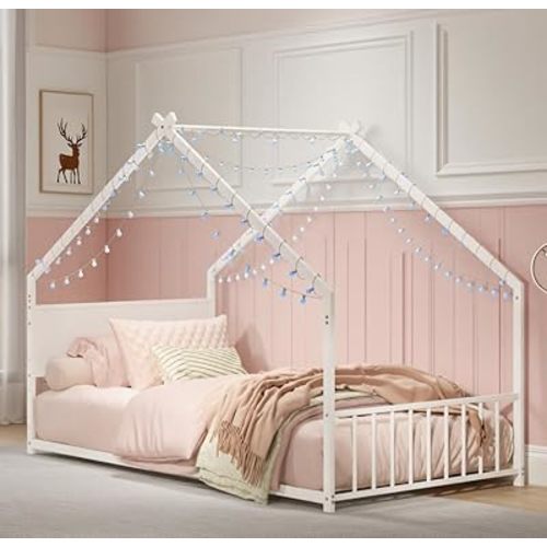 Bellemave Twin Size Floor BedFrame with Slats for Kids, Metal Montessori Floor Beds with high headboard, Twin House Bed for Kids, White with roof and Lights