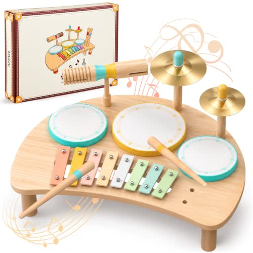 Wooden Drum Set Toys for 2-3 Year old Montessori Musical Instruments Toy | Drum with Xylophone Birthday Gift for 18+ Months Boys Girls