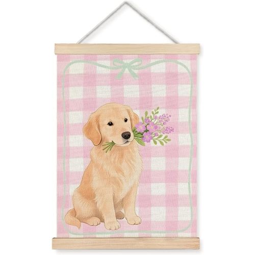ignytiger Pink Preppy Dog Wall Art Poster Framed, Girly Room Decor Aesthetic, Cute Golden Retriever Floral Canvas Wall Art Prints for Girl Bedroom Dorm Apartment Decor, 12x16 Inches