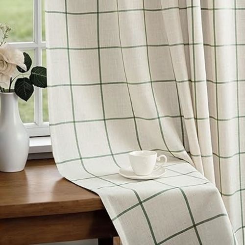 DriftAway 100% Blackout Windowpane Plaid Linen Curtains Double Layer Farmhouse Drapes 84 Inches Long for Living Room Bedroom Yarn Dyed Woven Thermal Insulated Rod Pocket Back Tab 2 Panels Loden Green