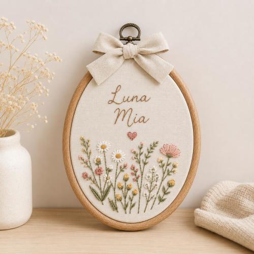 Personalized Floral Baby Name Sign, Embroidered Nursery Wall Art, Custom Oval Name Hoop, Wildflower Baby Room Decor Gift