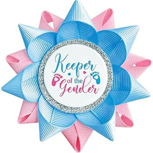 3/2/1 Pcs Keeper Of The Gender Pin Gender Reveal Party Favors Team Boy or Girl Buttons Baby Feet Light Blue and Pink Grosgrain Ribbon Pins for Baby Shower Celebration Game Party