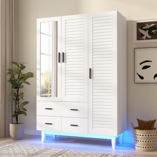 Wrought Studio™ 3 Door 71" Armoire Wardrobe With LED Lights, Hanging Rod, Drawers, And Shelves & Reviews | Wayfair