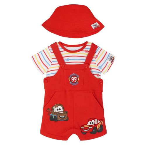Disney Cars Baby Boys' Printed Snap Closure Top and Embroidered French Terry Overalls Outfit with Sun Hat McQueen Mater Red 12 Months
