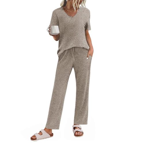 JiniGolla Womens Ribbed Knit Lounge Set Short Sleeve Top and Long Pants Sleepwear Pajama Set Two Piece Matching Outfits Set