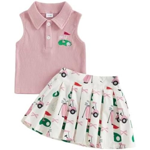 GOOCHEER Summer Clothes Toddler Baby Girl Outfit Golf Embroidery Sleeveless T-Shirt Tank Top and A-Line Pleated Skirt Set