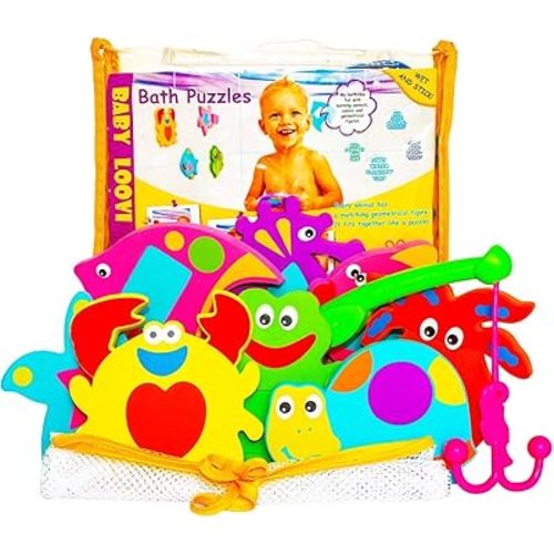 Foam Bath Toys - 100% Non-Toxic Floating Puzzles Animals - Early Learning Bathtub Toy - Fun Educational Geometric Shapes for Toddlers Kids Boys Girls - Free Bath Toy Organizer & Fishing Rod