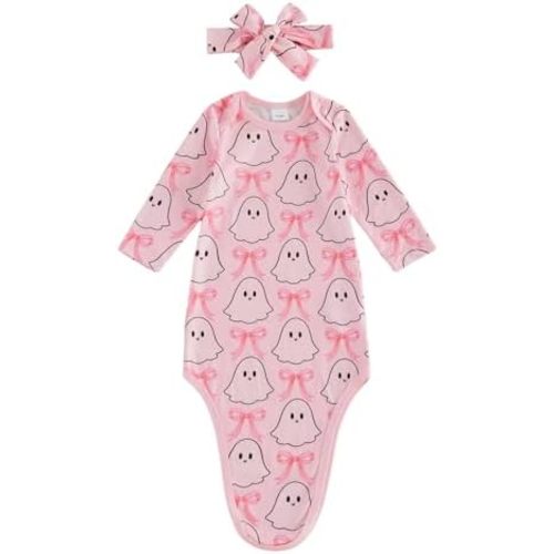 Halloween Baby Girl Sleeping Bag Ghost Pumpkin Bow Print Nightgown + Headband Coming Home Outfit Cute Fall Winter Pjs