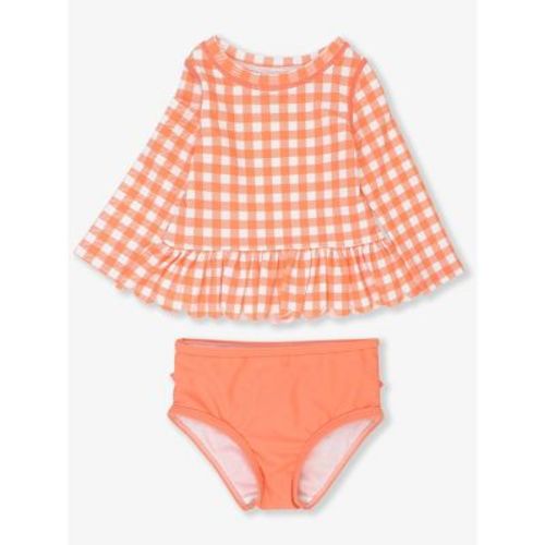 RuffleButts Baby UPF50+ Gingham Scallop Hem Long Sleeve Rash Guard Bikini - Coral Gingham, 12-18m