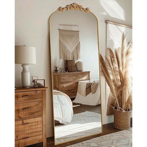Vintage Full Length Mirror,71"x28" Arched Antique Floor Mirror with Carved Metal Frame,Large Standing Wall Mounted or Leaning Mirror for Bedroom Living Room Entryway,Gold