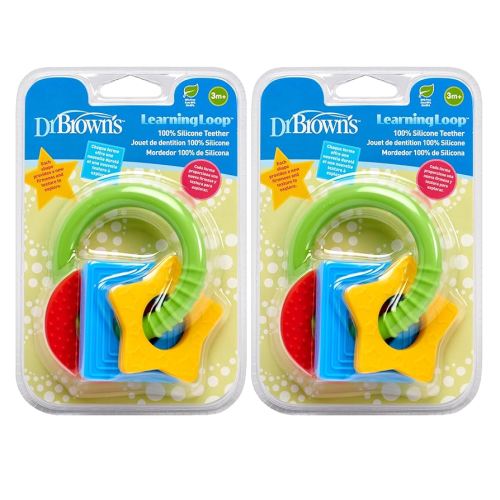 Dr. Brown's Learning Loop, Baby Teether Ring with Multiple Shapes & Textures, Soft 100% Silicone, BPA Free, 3m+ (Pack of 2)
